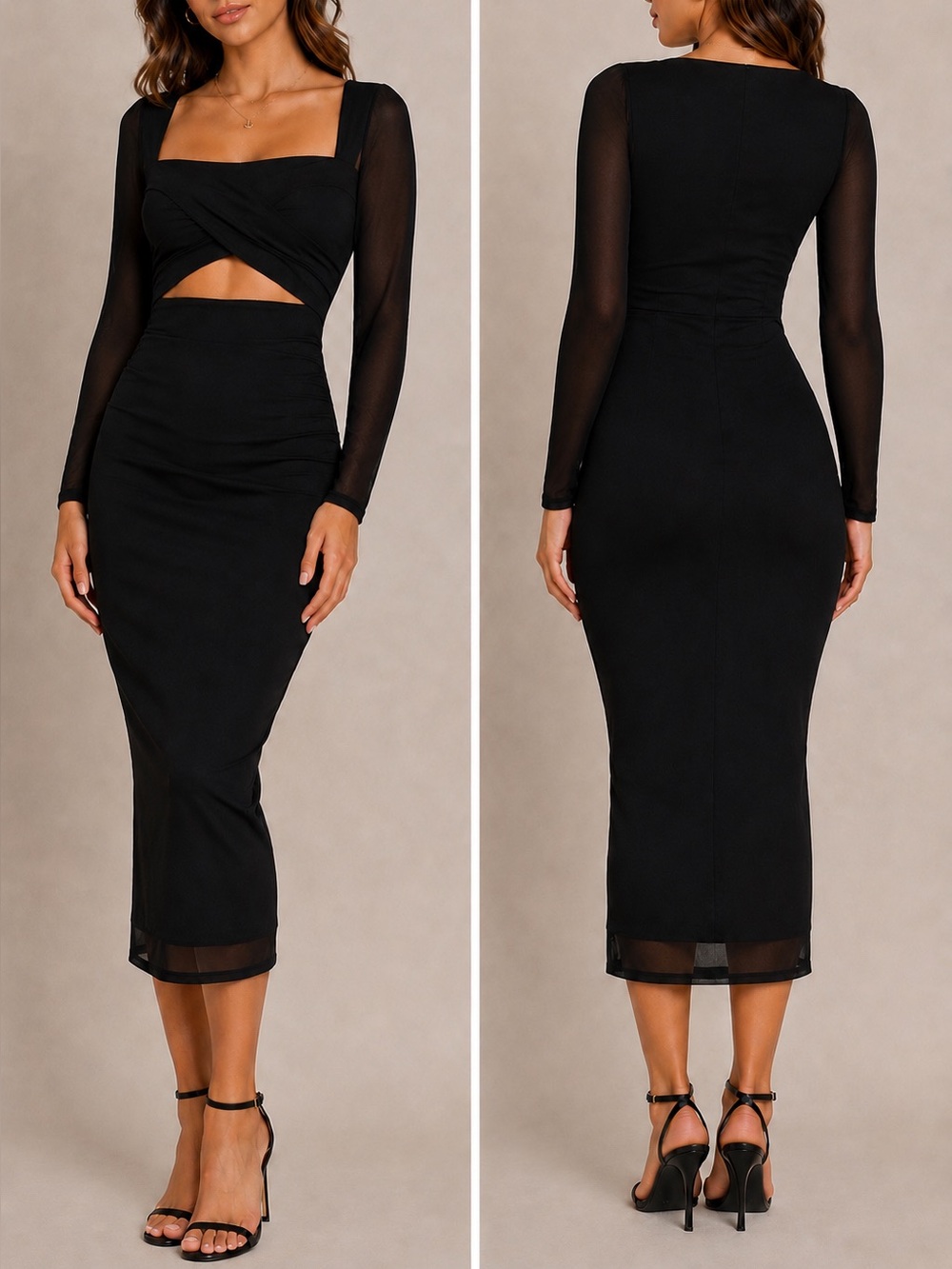 Black Mesh-Sleeve Midi Dress with Front Cutout and Square Neck